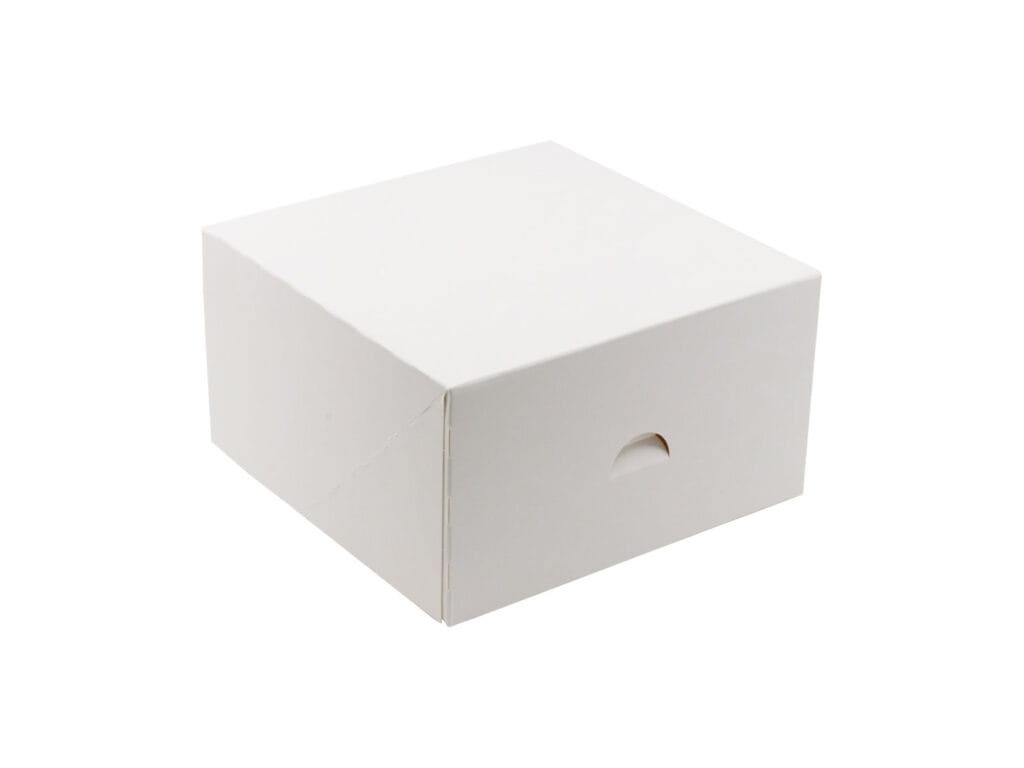 Pudełko na ciasto 18x18x10 cm złożone, widok z boku na klapową pokrywkę