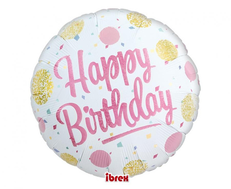 #BFK Balon Ibrex Hel, okrągły 14", Happy Birthday Gold&Pink Dots, packed