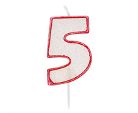 #SC25 Świeczka cyferka z brokatem, czerwony kontur "5", 6 cm KK