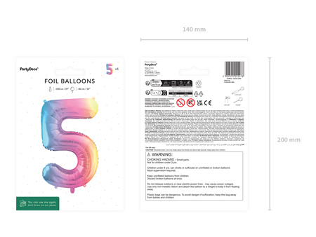 Balon foliowy Cyfra ''5'', 86cm, pastelowy tęczowy