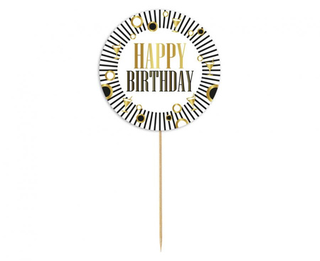 #DETO Dekoracja pap. na tort B&G Party - Happy Birthday, biała, paski, 10 cm
