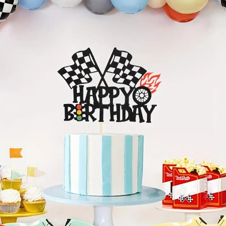 Topper na tort HAPPY BIRTHDAY SAMOCHÓD WYŚCIGOWY FLAGI WYŚCIGU