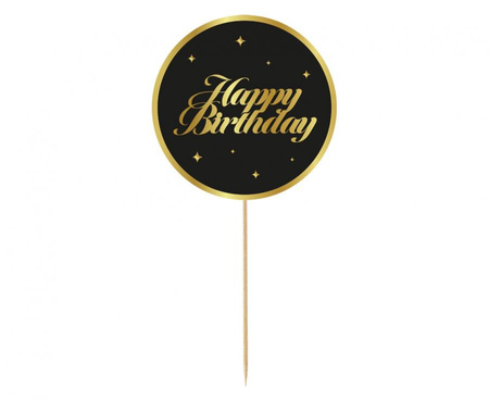 #DETO Dekoracja pap. na tort B&G Party - Happy Birthday, czarna, gwiazdki, 10 cm