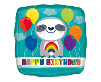 #BFK Balon foliowy 18" SQR "Happy Birthday" Leniwiec z tęczą, zapakowany KK