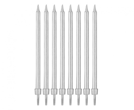 #SU Świeczki B&C urodzinowe z podstawkami, srebrne, 10 cm, 8 szt.