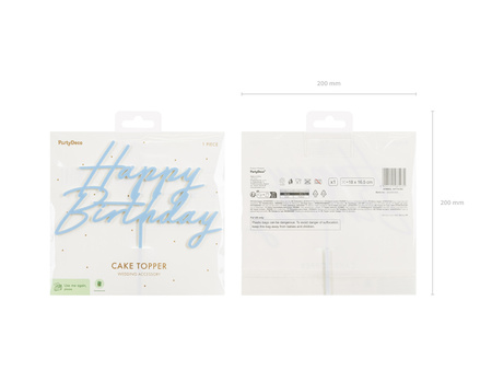 Topper akrylowy na tort Happy Birthday, mglisty niebieski, 16.5 cm