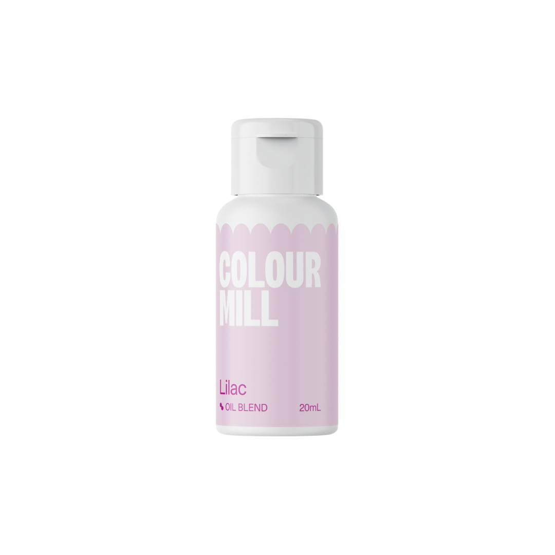 Barwnik spożywczy olejowy LILAC 20 ml Colour Mill - zbliżenie butelki i tekstury barwnika