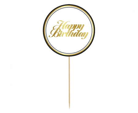 #DETO Dekoracja pap. na tort B&G Party - Happy Birthday, biała (czarny kontur) 10 cm