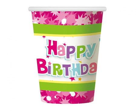 #ZKU_GD Kubeczki papierowe Happy Birthday różowe, 270ml/6 szt.