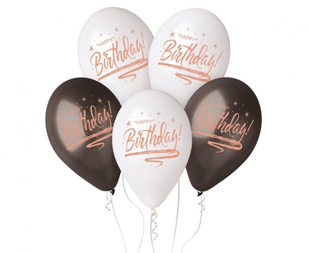 #BL Balony Premium Hel Happy Birthday, białe i czarne, 13 cali/ 5 szt.