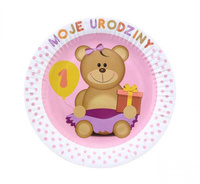 #ZTA_GD Talerzyki papierowe "Moje 1 Urodziny", różowe, 18 cm / 6 szt. KK