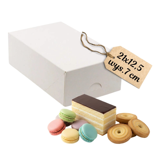 Białe pudełko na ciasto 21x12,5x7 cm złożone, widok z boku