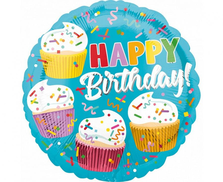 #BFK Balon foliowy 18" CIR "Happy Birthday" Babeczki, zapakowany