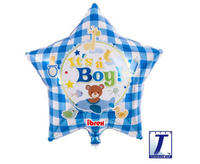 #BFK Balon Ibrex Hel, gwiazda 15", It’s A Boy Bear Gingham Blue, packed