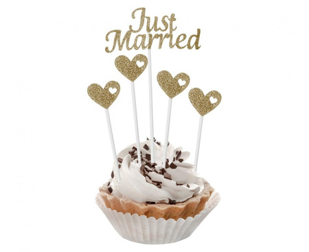 #DEI Pikery papierowe W&C Just Married, złote brokatowe, 5 szt.