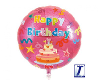 #BFK Balon Ibrex Hel, okrągły 14", Happy Birthday Cake, red, packed