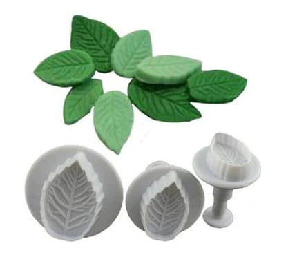 Zestaw 3 plastikowych wykrawaczek z tłoczkiem w kształcie liści do dekoracji z masy cukrowej i ciasteczek