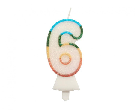 #SC26 Świeczka cyferka 6, tęczowa, NOWY BIO BROKAT, 8,5 cm