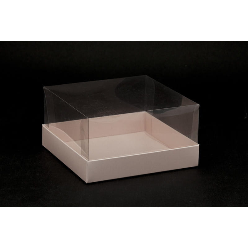 Różowe pudełko na bento cake 15x15x8 cm – widok z góry z przezroczystą pokrywą