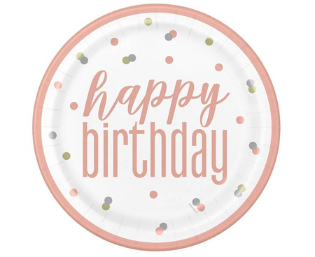 #ZTA Talerzyki papierowe Glitz Happy Birthday, 23 cm, różowo-złote, 8 szt. (plastic-free) KK