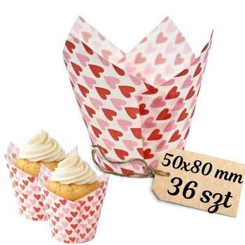 Muffiny tulipan BIAŁO CZERWONE SERDUSZKA 50x80 mm 36 szt. 