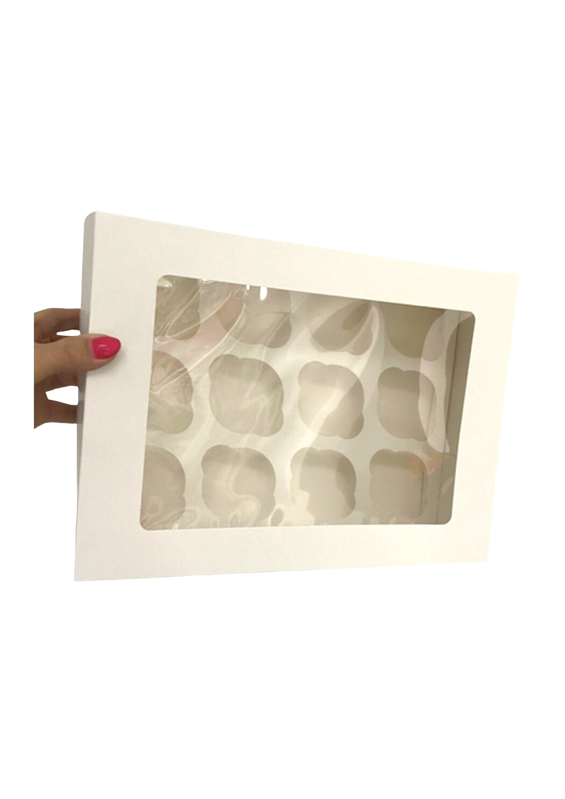 Białe pudełko na 12 muffinek z okienkiem – widok ogólny