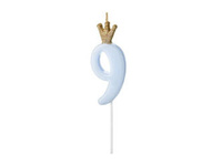 Świeczka urodzinowa Cyferka 9, jasny niebieski, 9.5cm Party Deco