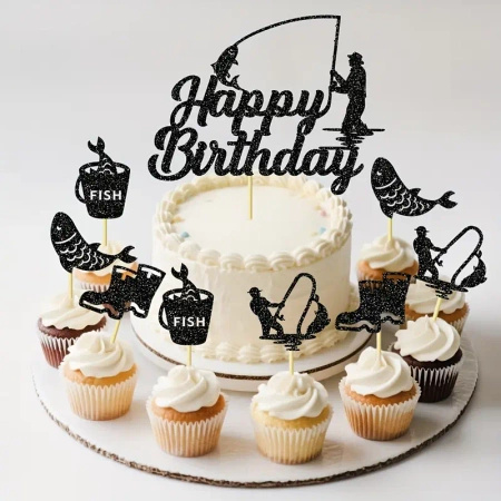 Papierowy topper na tort HAPPY BIRTHDAY DLA WĘDKARZA RYBY