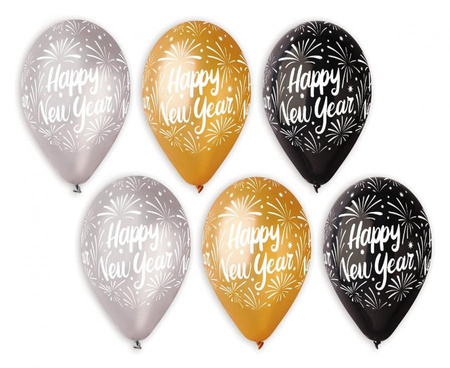 #BL Balony Premium "Happy New Year", złote, srebrne, czarne, 12"/ 25 szt.