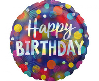 #BFK Balon foliowy 18" CIR Happy Birthday - Holo Iridescent Party Dots, zapakowany