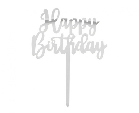 #DETO Dekoracja na tort Happy Birthday, srebrna, 15,5 x 11 cm
