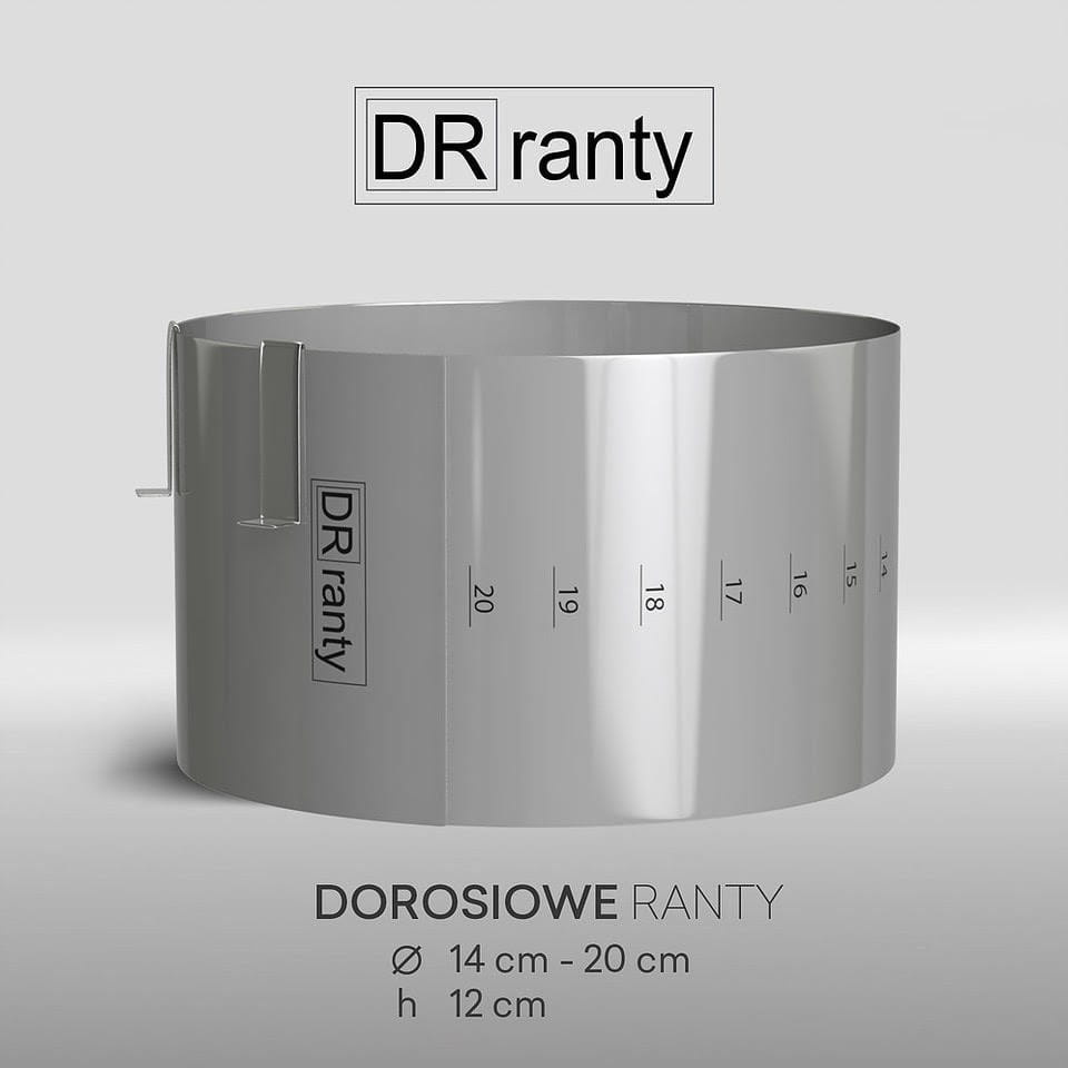 Regulowany rant do ciast z podziałką, widok z boku oraz spinki