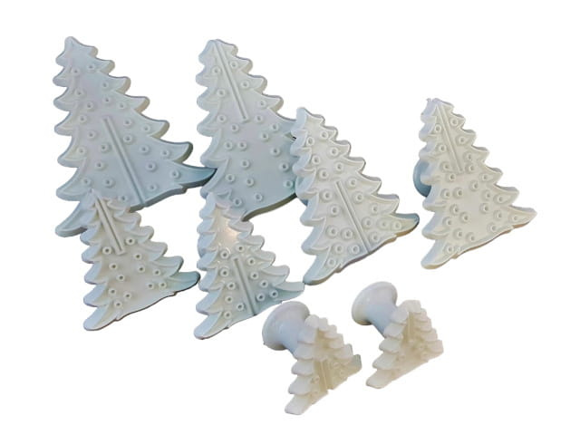 Zestaw plastikowych foremek wyciskanych w kształcie choinek, idealnych do świątecznych ciasteczek – 8 sztuk