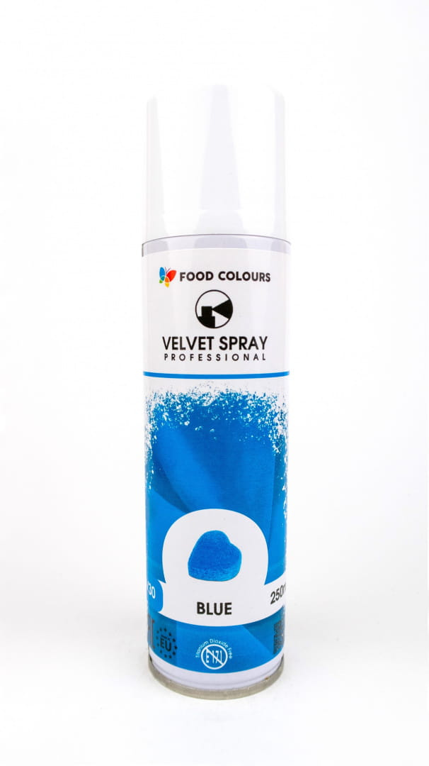 Zamsz w sprayu niebieski Food Colours 250 ml – opakowanie dekoracyjnego sprayu do tortów