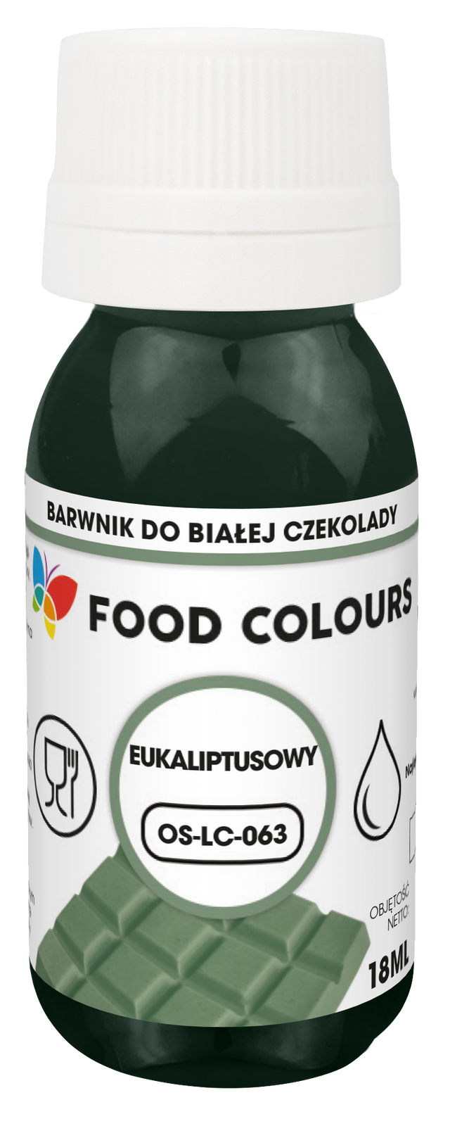 Barwnik do czekolady i mas tłustych Eukaliptusowy 18 ml Food Colours – widok opakowania