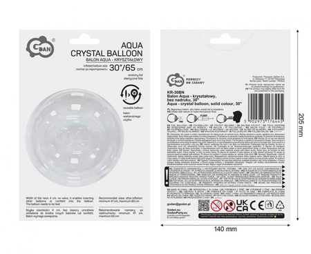 Balon Aqua - kryształowy, bez nadruku, 30"