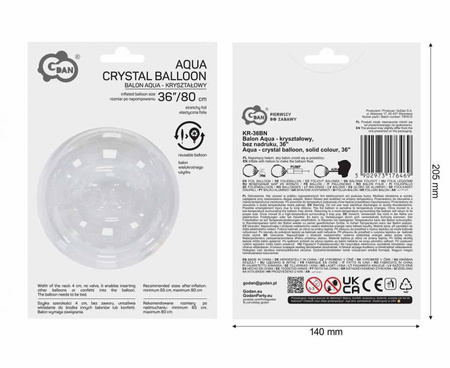 Balon Aqua - kryształowy, bez nadruku, 36"