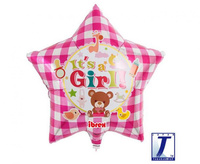#BFK Balon Ibrex Hel, gwiazda 15", It’s A Girl Bear Gingham Pink, packed