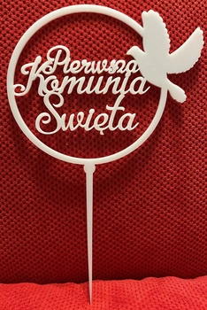 Topper w okręgu z gołębicą "Pierwsza Komunia Święta" BIAŁY