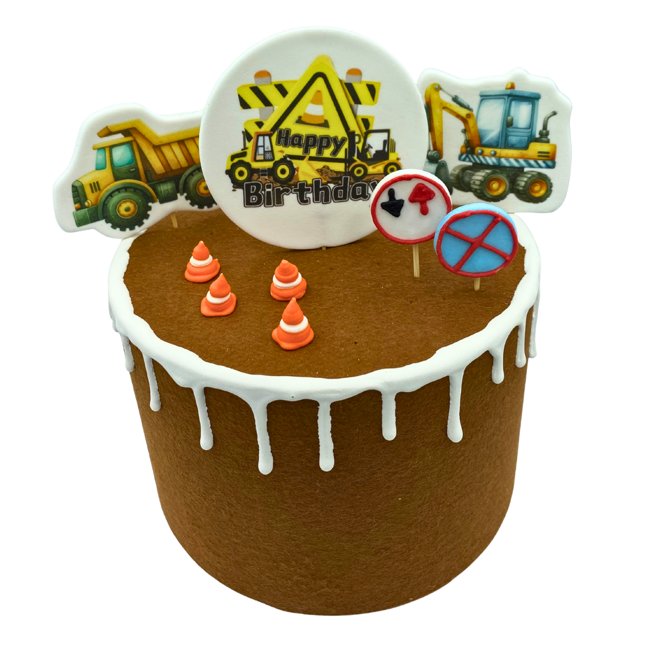 Elementy zestawu Samochody budowlane 2D - widoczne znaki drogowe i pachołki cukrowe