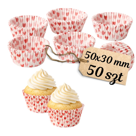 Papierowe papilotki białe w czerwono różowe SERDUSZKA 50x30 mm 50 szt.