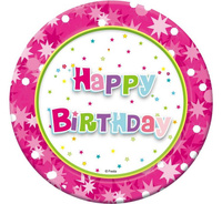 #ZTA_GD Talerzyki papierowe Happy Birthday (różowe) 18 cm, 6 szt.