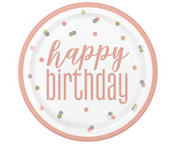 #ZTA Talerzyki papierowe Glitz Happy Birthday, 23 cm, różowo-złote, 8 szt. (plastic-free) KK