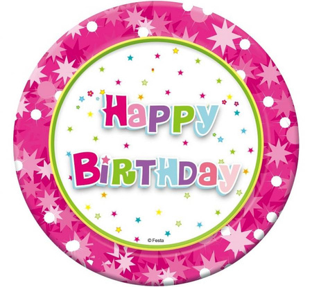 #ZTA_GD Talerzyki papierowe Happy Birthday (różowe) 18 cm, 6 szt.
