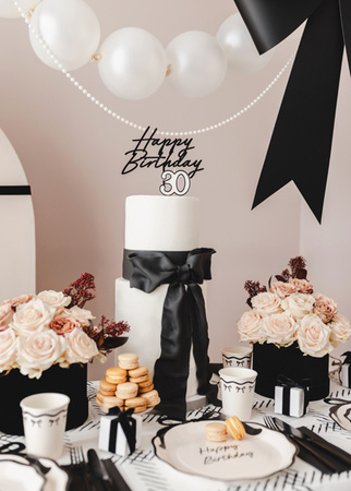 Topper akrylowy na tort Happy Birthday, czarny, 16.5 cm