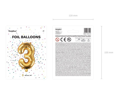 Balon foliowy Cyfra ''3'', 35cm, złoty Party Deco