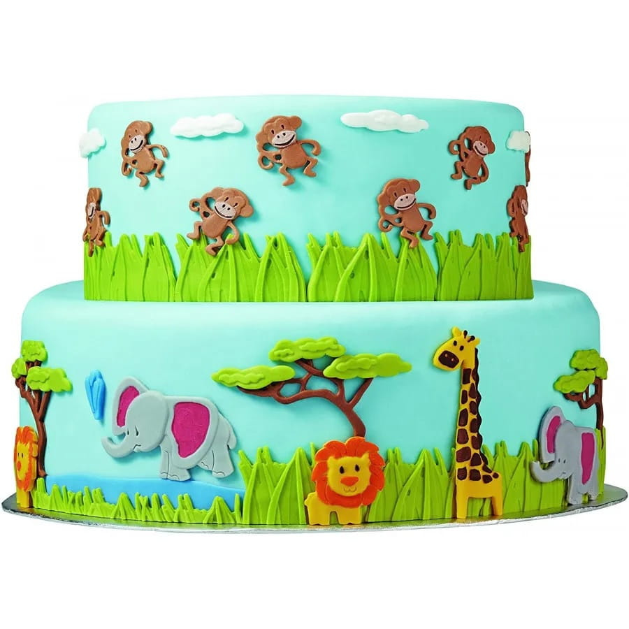 Tort udekorowany zwierzątkami z foremki silikonowej Wilton Dżungla Zwierzątka