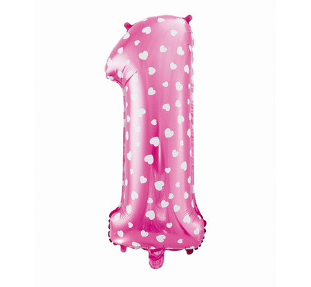 #BFC48 Balon foliowy "Cyfra 1", różowa w serca, 61 cm KK