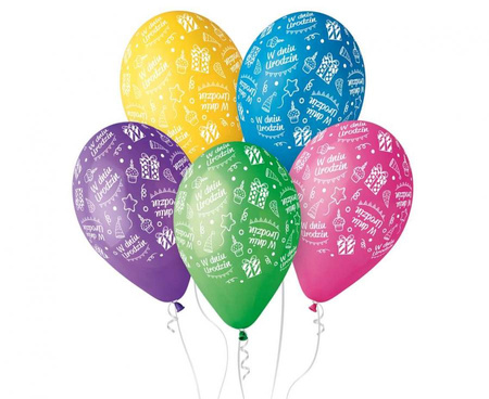 #BL Balony Premium "W Dniu Urodzin", kolorowe, 12" / 5 szt.