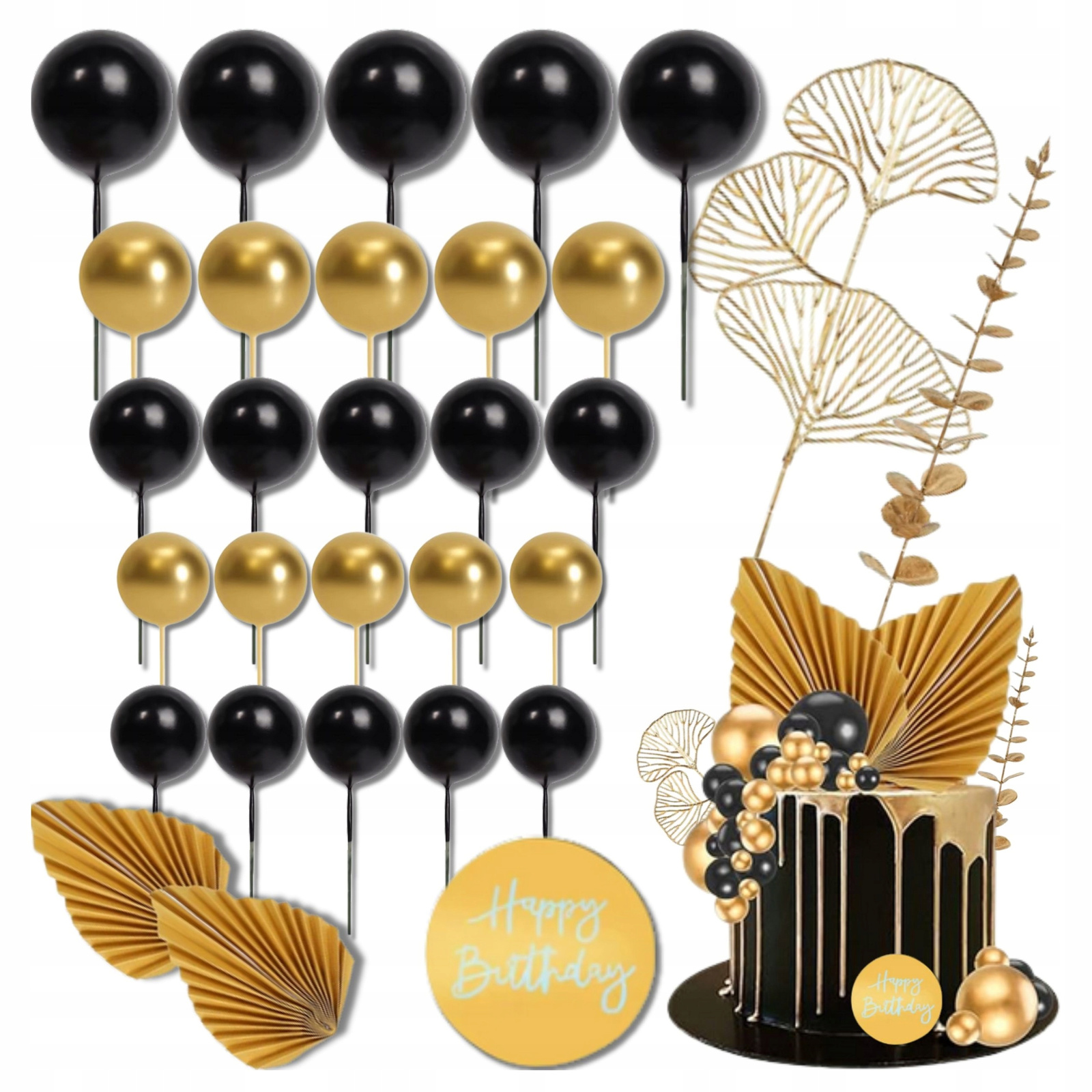 Zestaw dekoracji na tort kule toppery czarno złote 30 szt.